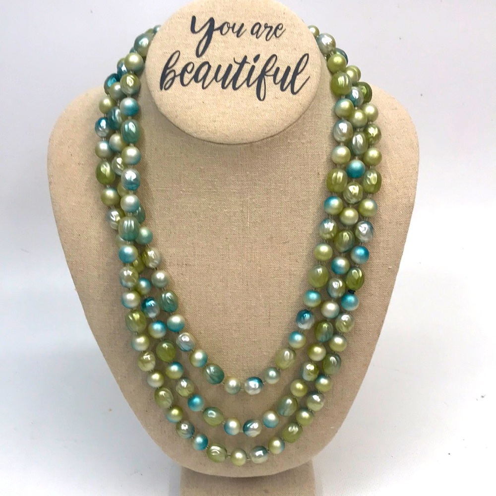 Costume Faux Pearl Multi Strands Pearls Bluish Grn